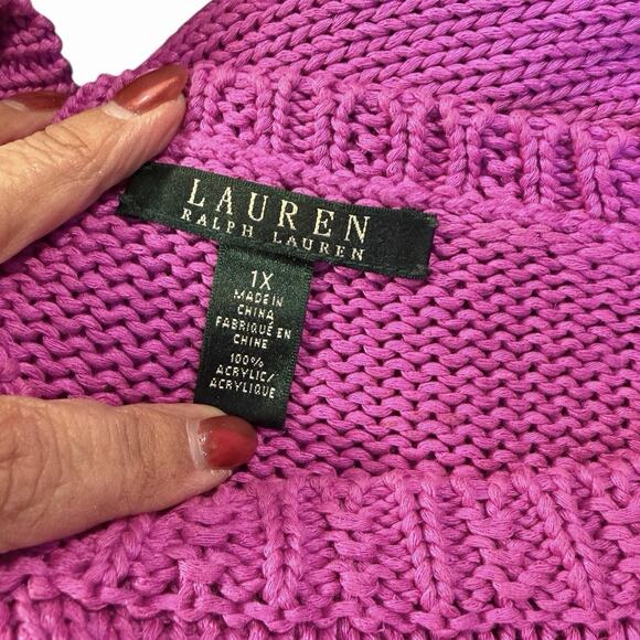 LAUREN RALPH LAUREN HOT PINK SWEATER CLASSIC PREPPY LONG PLUS SIZE 1X ACRYLIC - Picture 4 of 7